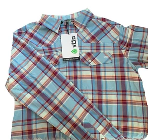 Stio Eddy Shirt Pearl Snap Blue Plaid Mens Small Western Outdoor Performance - Picture 1 of 11