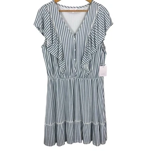 LC Lauren Conrad V-Neck Ruffle Mini Dress Womens Size XL Striped Coastal - Picture 1 of 15