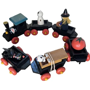 Vintage Halloween Holzeisenbahn Katze Hexe Kürbis Skelett Geist & Motor 6 Teile LESEN - Bild 1 von 24