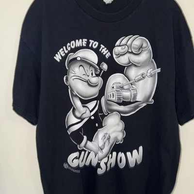 Vintage Y2K Popeye Gun Show Shirt Size XL  Black Cartoon Welcome To The Show - Image 1 of 4