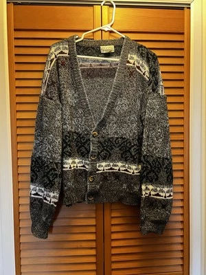 复古 90 年代 90 年代 City Streets 爷爷针织毛衣 XL 黑色开衫图案 — 第 1/4 张图片