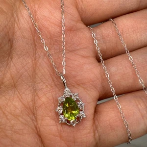 925 Sterling Silver Necklace 7x5mm Natural Peridot Gemstone Zircon Green Women - Picture 1 of 10