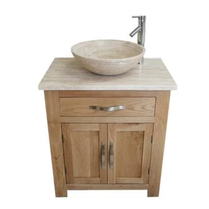 Bathroom Vanity Unit Oak Modern Cabinet Wash Stand Travertine Top & Basin 502 - Picture 1 of 10