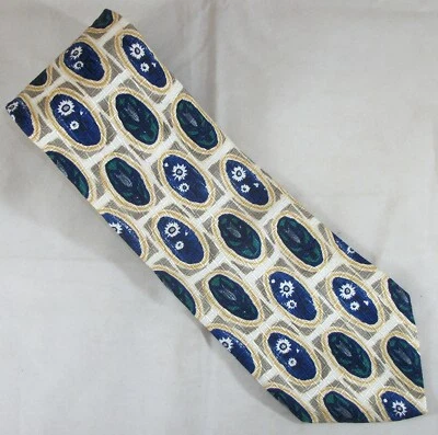 BRAVINI Cream, Blue Flowers Daisies & Tulips Silk Neck Tie 57" L x 4" W (E826) - Image 1 of 3