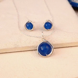 Conjunto de pendientes collar de ónix azul de plata de ley hechos a mano envueltos en regalo - Imagen 1 de 4