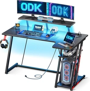 L Shaped Gaming Desk with LED Lights& Power Outlets Gaming Table with Monitor S - Picture 1 of 7