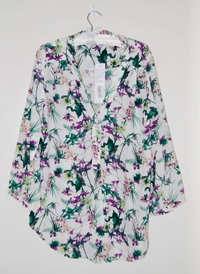 Blusa túnica de seda Amy Tropez púrpura floral para mujer Amour Vert nueva con etiquetas talla L Foto 1 de 4