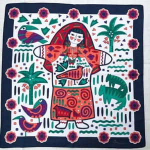 Vintage Handkerchief Cotton Pattern Orange Geometric Girl Bird Cats Hankie 19" - Picture 1 of 3