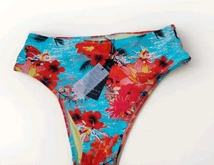 NWT Relleciga Bikini Swimsuit Bottoms Women Large Blue Red Floral Hawaiian  - Picture 1 of 4
