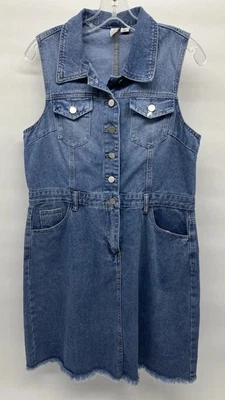 Vestido Joie Denim Azul Sin Mangas Cuello Abotonado Dobladillo Crudo Bolsillos Talla Grande Foto 1 de 4