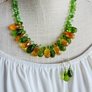 Sterling Silber grün & Bernstein Kristall Träne Halskette mit passenden Ohrringen 17" - Bild 1 von 13