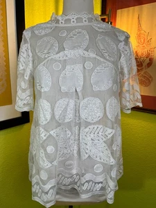 HD in Paris Lace Citrus Blouse 4 Garden Party Cottagecore High Neck Sheer White - Picture 1 of 8