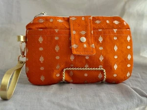 SILK PURSE bag clutch orange/gold *HANDMADE* evening wear, recycled silk sari - Picture 1 of 5