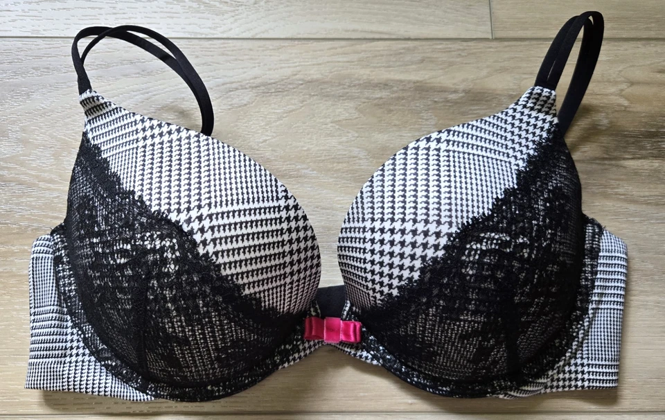 Vintage Victoria's Secret Houndstooth Satin Lace Push-Up Underwire Bow Bra 36C - Image 1 of 3
