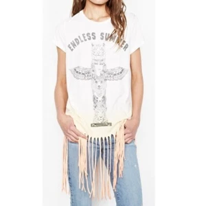 Lauren Moshi Sage Endless Summer Ombre Fringe Tee Shirt White Yellow Orange - Picture 1 of 2