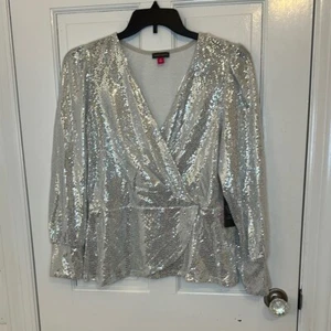 Vince Camuto Silver Mesh Sequin Long Sleeve Wrap Top size XL NWT - Picture 1 of 4