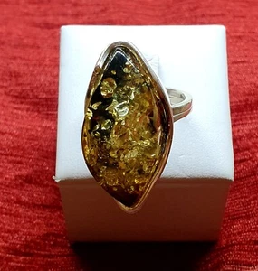 Large Baltic Amber Ring-Green-925 Sterling silver-S UK-9 US Size-Free Post - Picture 1 of 7