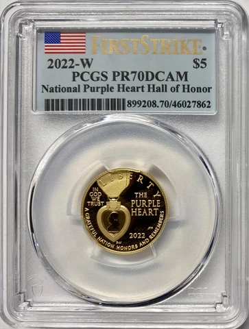 2022-W National Purple Heart Hall of Honor  $5 Gold PCGS PR-70 DCAM FS Cover