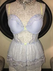 NEU ~ VICTORIAS SECRET Negligee blau Netz bestickt Rock Push-up BH ~ 36 D 36 D - Bild 1 von 12