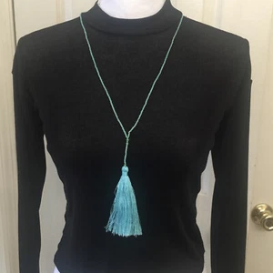 Turquoise Tassel Beaded Necklace with Glass Beads Boho Whimsical - Picture 1 of 7