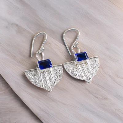Lab-Created Blue Sapphire Gemstone Dangle Earring 925 Sterling Silver Jewelry - Image 1 of 3