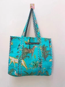 Cotton Quilted Indian Aqua Large Tote Bag Shopping Carry Handbag, Shoulder Bag - Picture 1 of 6