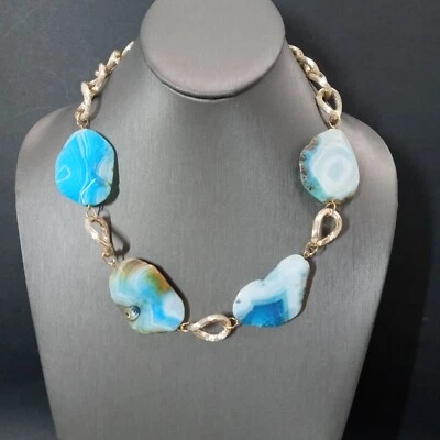 Chunky Blue Agate Stone Necklace Gold Tone Statement 20" - 22" - Image 1 of 4