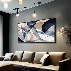 Modern Geometric Abstract Canvas Wall Art 48 X 24 Inches Navy Blue and Beige Ton - Picture 1 of 12