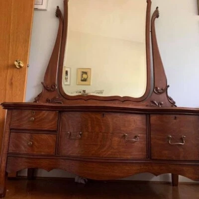 Antique Solid Carved Mahogany Low Dresser and Matching Mirror - Image 1 of 4