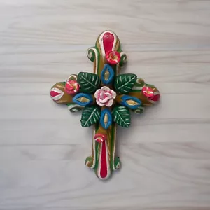 Mexican Terra Cotta Clay Cross Roses Folk Art Brown Rustic - Picture 1 of 6