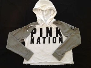 ROSA Victorias Victoria's Secret Logotipo Recortado Sudadera con Capucha Gris Blanco M - Imagen 1 de 4