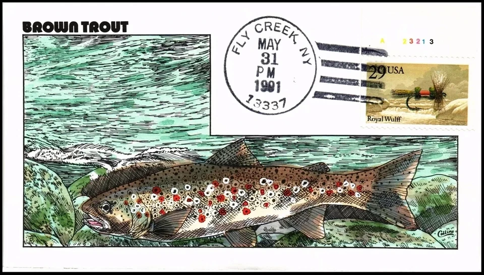 US COVER ROYAL WULFF FISHING FLIES FDC BROWN TROUT COLLINS HAND PAINTED - Image 1 of 1