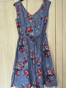 Laura Ashley Size 14 Blue floral Midi A-Line Dress Linen Sleeveless. Pockets! - Picture 1 of 7