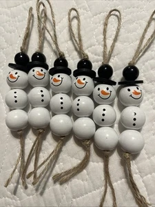 Wood Snowman Hanging Christmas Ornaments Set Of 6 Handcrafted New - Picture 1 of 4