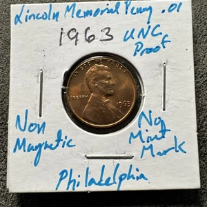 1963 Lincoln Memorial Cent. Copper. UNC. Proof. Philadelphia. Non Magnetic. - Picture 1 of 4