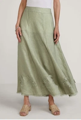 Falda de playa Bodrum Soft Surroundings XL bordada dobladillo crudo verde línea A Maxi Foto 1 de 4