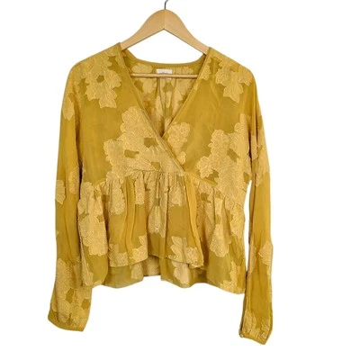 Wilfred Revolve Top S Yellow Embroidered Lace Floral Peplum V-Neck Crop Blouse - Image 1 of 4