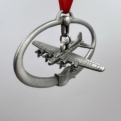 B-17 Flying Fortress US Airplane Plane Christmas Ornament Pewter American Flag - Image 1 of 4