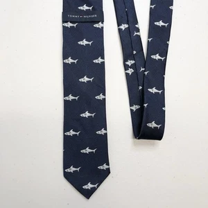 Tommy Hilfiger 100% Silk Necktie Navy Blue Sharks Print 58in Tie - Picture 1 of 5