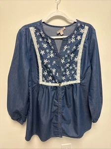NWT Woman Within Blue Denim Embroidered 3/4 Sleeve Vneck Boho Shirt Women’s Sz M - Picture 1 of 11
