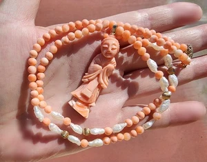 Chinese Salmon Coral 14K Gold Pearl Bead Carved Figure Figurine Pendant Necklace - Picture 1 of 12