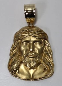 14K Yellow Matte Finish Gold Jesus Christ Head Charm Pendant - Picture 1 of 20