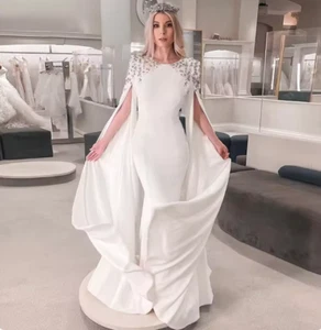 White Mermaid Dubai Evening Dresses for Women Wedding Party Cape Sleeves Muslim - Picture 1 of 10