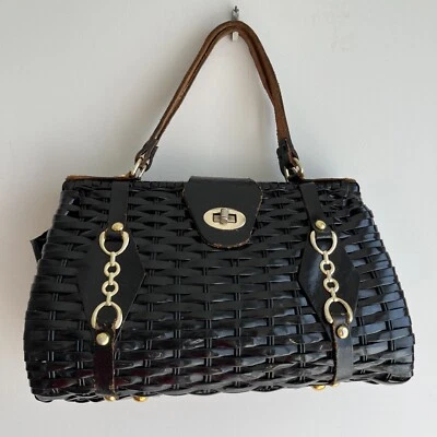 Cartera Simon Mr Ernest Bolso Tejido Vinilo Mimbre Cuero Negro Asas Hong Kong Foto 1 de 4