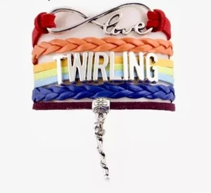 BATON TWIRLER'S COLORFUL LEATHER BRACELET LOVE TWIRLING CHARM - Picture 1 of 1