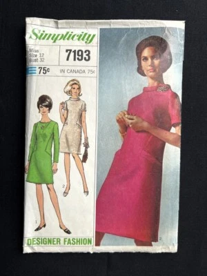 Simplicity 7193 Misses Dress Designer Retro 1967 Pattern Old sz 12 Bust 32" Cut - Image 1 of 2
