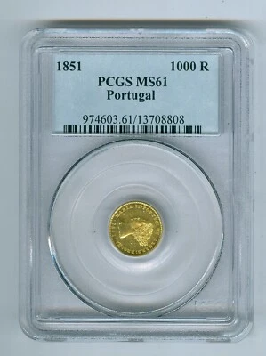 Portugal Gold : 1000 Reis year 1851, Grade MS-61 by PCGS with Cameo.$1175 Foto 1 de 3