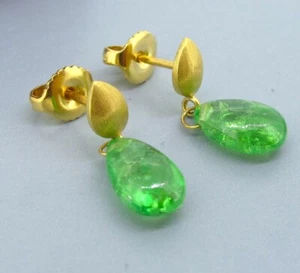 18k Yellow Gold Matte Green Emerald Butterfly Backs Drop Earrings - Picture 1 of 4