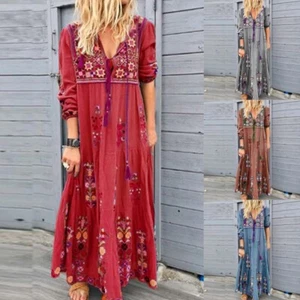 Women's Long Sleeve V Neck Floral Boho Maxi Dress Ladies Casual Loose Dresses US - Picture 1 of 17