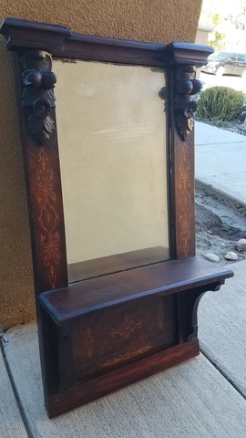 ANTIQUE 1800's VICTORIAN CARVED WOOD & INLAY WALL MIRROR! Cover